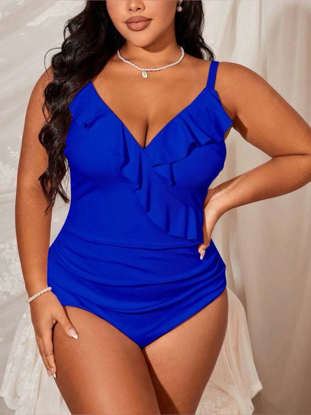 Royal Blue Ruffle V-Neck One-Piece Swimsuit